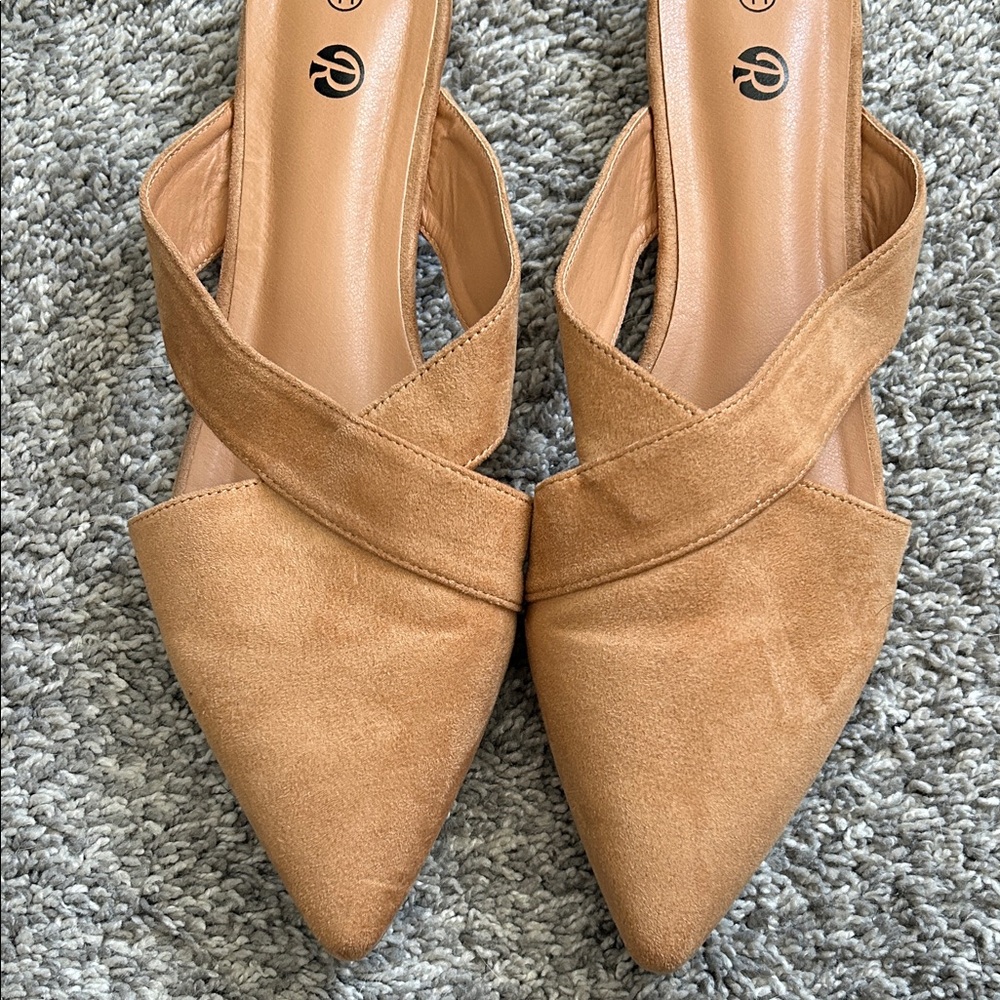 Pointed-Toe Tan Suede Slip-On Mules with Crossover Vamp - Picture 5 of 5